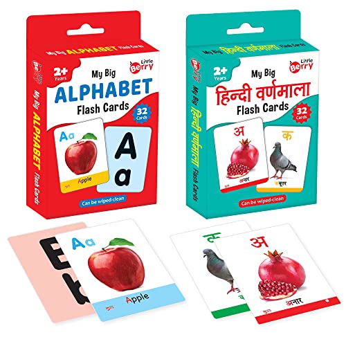 Little Berry Big Flash Cards For Kids: Alphabets And Hindi Varnamala (Set Of 2) | 64 DoubleSided Picture Cards | Early Learning