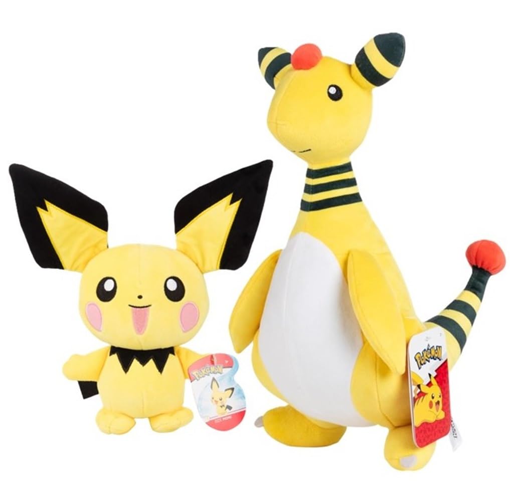Pok?mon 12 Ampharos & 8 Pichu Electric Type Plush 2-Pack - Officially Licensed - Authentic Soft Stuffed Animal Toy Figures - Holiday Christmas Stocking Stuffer Gift for Kids  Boys  Girls - 2+