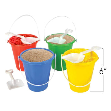 ArtCreativity 6 Inch Mini Plastic Beach Bucket and Shovel Set - Pack of 12 - Assorted Colors Buckets and White Shovels - Summer