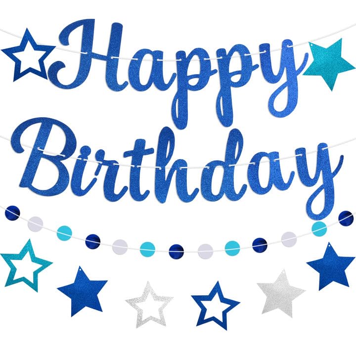 Blue Happy Birthday Decorations for Men, Happy Birthday Banner with Blue Happy Birthday Garland and Stars, NO DIY Birthday Party