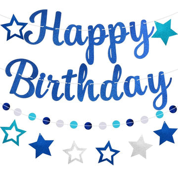 Blue Happy Birthday Decorations for Men, Happy Birthday Banner with Blue Happy Birthday Garland and Stars, NO DIY Birthday Party