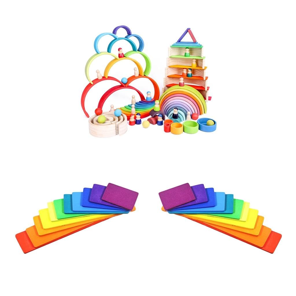 Calandis 22Pcs Handmade Wooden Rainbow Building Blocks Boards Toddler Montessori Toy | Wooden & Handcrafted Toys | Preschool Toy