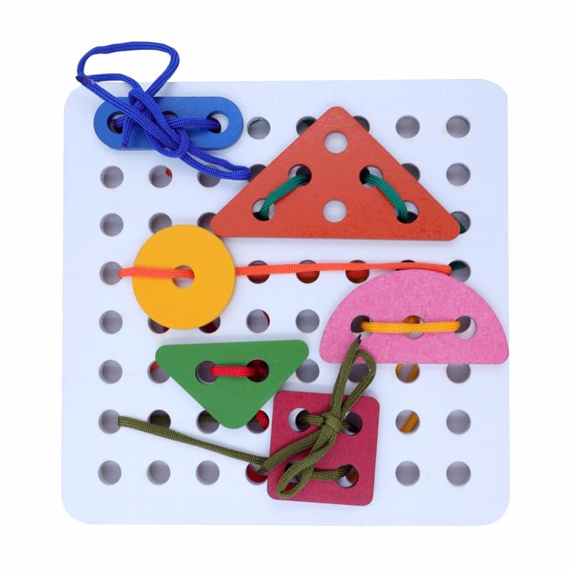 Tantrums Geometric Shape Lacing Activity Toy Learning Kit For Kids Sewing Toy Set Of 6 Pcs Circle, Triangle, Square With Laces 