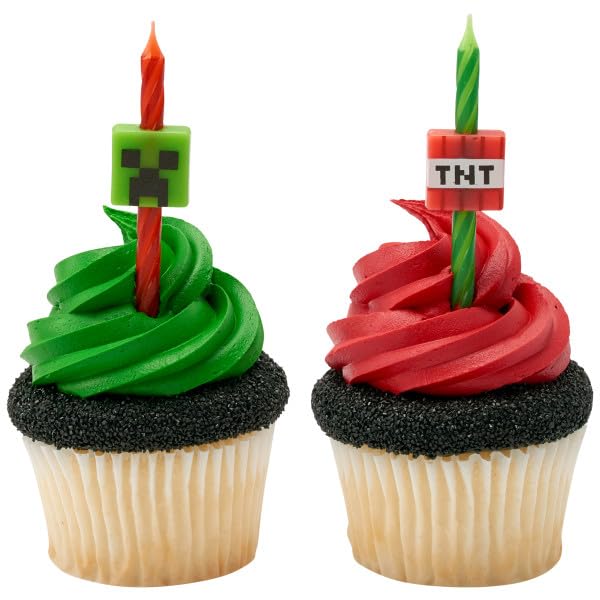 DecoPac Minecraft Birthday Cake Candles - 6 Red & Green Striped Wax Cake Toppers for Party Decorations, Model 47672