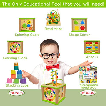 TOYVENTIVE Wooden Activity Cube - Montessori Sensory Toy for 1-2 Year Olds, Blue Table-Top Size, Perfect Birthday Gift with Bonus First Words Book