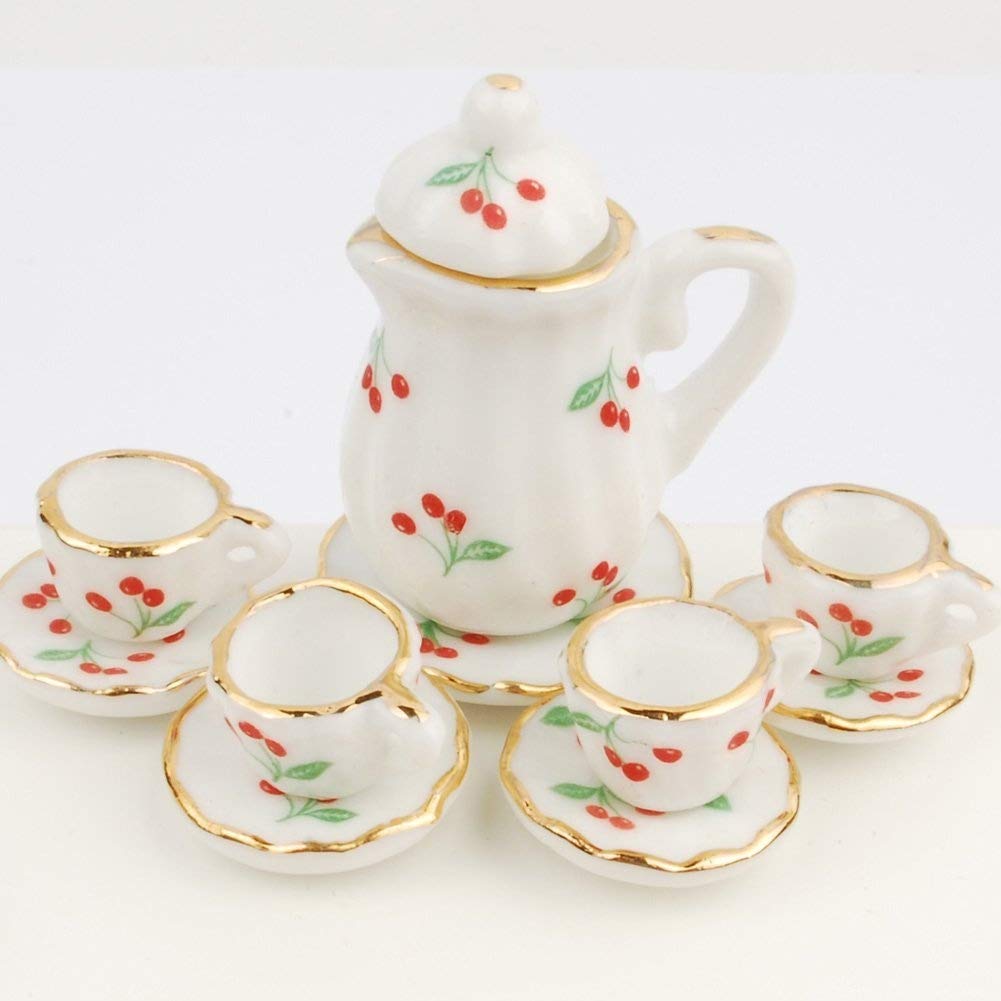 NW 1 Set 15 Pieces 1:12 Ceramics Tea Cup Set Lovely Dollhouse Decoration Set Dollhouse Kitchen Accessories(#8)