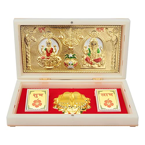 ARNAVIRA Lakshmi Ganpati With Kalash Gold Plated Photo Frame with Charan Paduka Pocket Temple for House Warming Gifts Return Gif