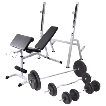vidaXL Adjustable Steel Workout Bench with Weight Rack and 198.4lb Barbell and Dumbbell Set - Full Body Exercise at Home - Multi