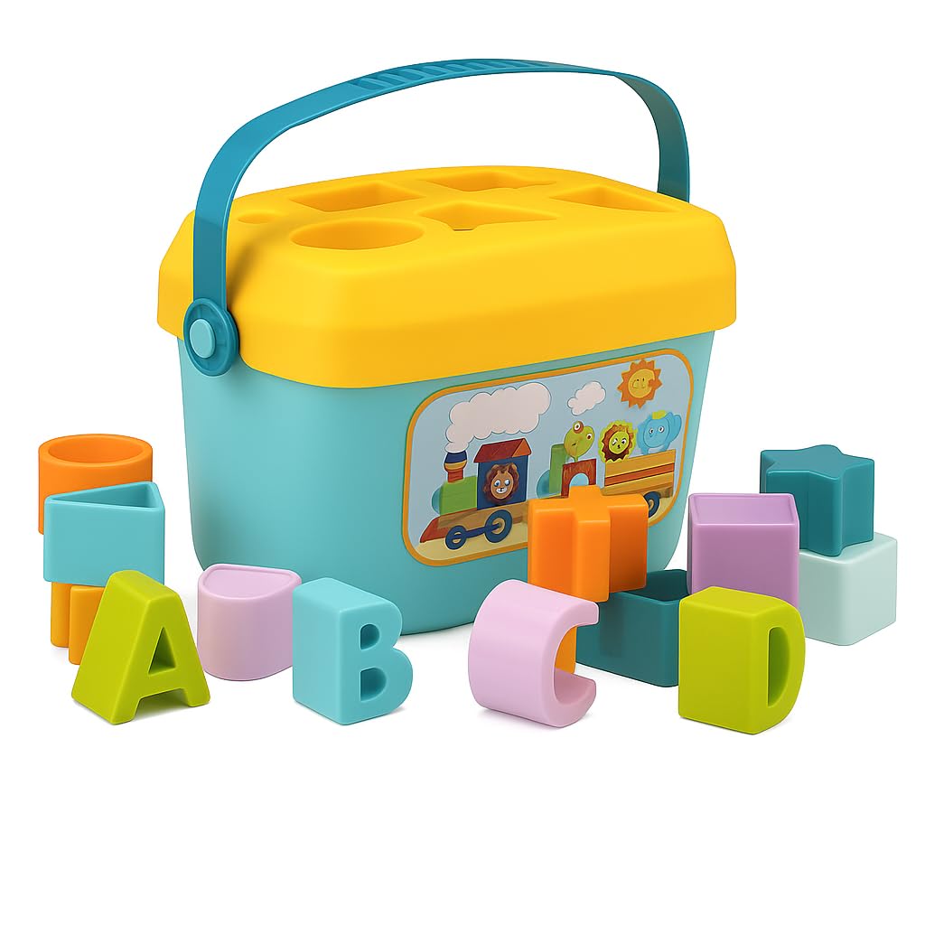 FOROLY Baby First Blocks Activity Toys Sorter Baby and Toddler Toy ABCD Learning Shape Alphabets Storage Bucket Toys Sorting Gam