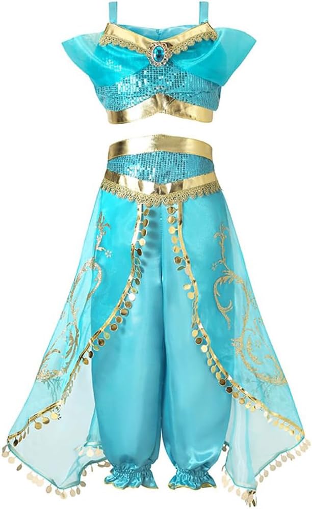 Aovclkid Little Girls Jasmine Princess Costume Girls Movie Role Play Halloween Party Outfits(6 Years,Blue)
