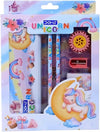 DOMS Unicorn Stationery Kit| Includes 1 Unicorn Compass Box,1 Sports Wheel Shape Eraser, 1 Sharpener, 2 Unicorn Pencils & 1 Pack