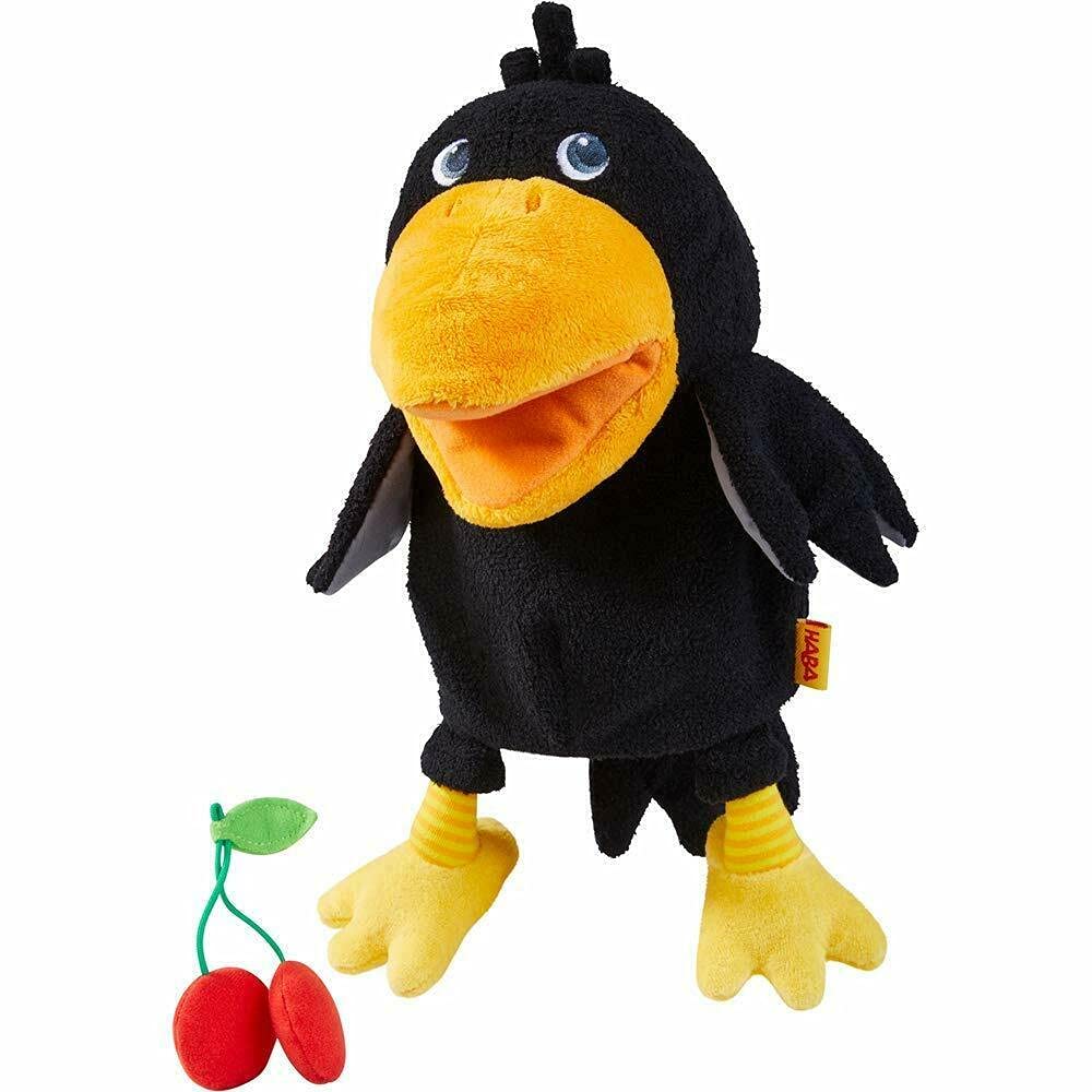 Haba Theo The Raven Glove Puppet With Cherries - Beak Opens Wide With Opening To Eat The Fabric Fruit