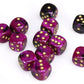 D6 Cube 16mm Gemini Translucent Black Purple w/Gold Set of 12