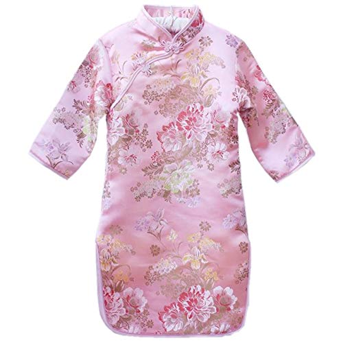 Hooyi Chinese Girls Dress Peony Rose Qipao Half Sleeve Cheongsam Wedding Dresses Princess Birthday Party Costume (Pink,12)