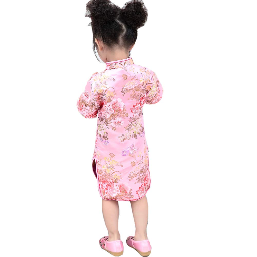 Hooyi Chinese Girls Dress Peony Rose Qipao Half Sleeve Cheongsam Wedding Dresses Princess Birthday Party Costume (Pink,12)