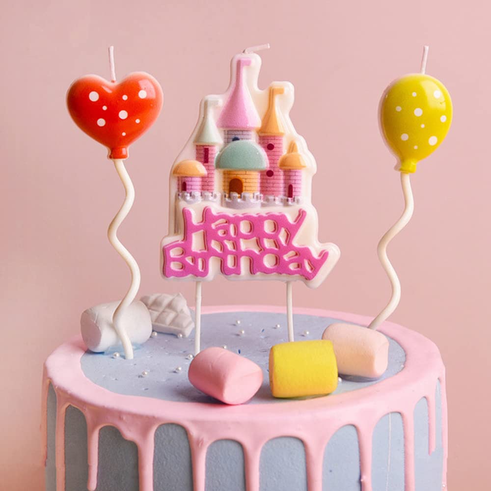 Castle Happy Birthday Candle Set,Fairy Tale Theme Baby Kids Children Happy Birthday Candles,Party Supplies,Cake Decoration (Pink