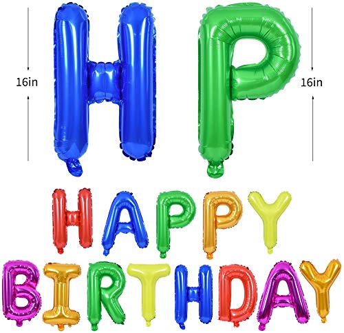 TONIFUL 7 Color Rainbow Happy Birthday Balloons Banner, 16 Inches Colorful Mylar Foil Letter Sign Balloons Banner Bunting for Gi