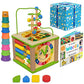 TOYVENTIVE Wooden Activity Cube - Montessori Sensory Toy for 1-2 Year Olds, Blue Table-Top Size, Perfect Birthday Gift with Bonus First Words Book