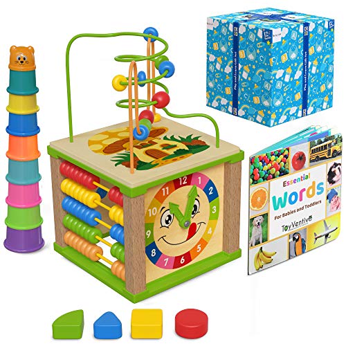 TOYVENTIVE Wooden Activity Cube - Montessori Sensory Toy for 1-2 Year Olds, Blue Table-Top Size, Perfect Birthday Gift with Bonus First Words Book