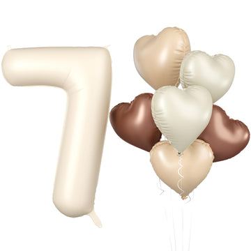 Biapian 40 Inch Cream White Number 7 Balloons, Beige White Large Number 7 Balloons With 18'' Cream Foil Heart Balloons Helium Fo