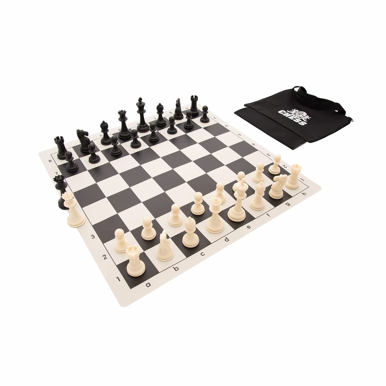 We Games Tournament Chess Set – Chess Board For Adults With 34 Pieces, Roll-Up Vinyl Board, Accessories & Travel Bag - Set Of 6, Black & White