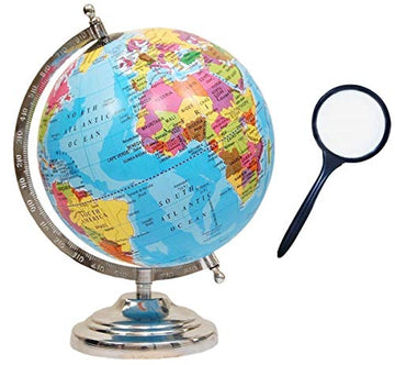 Geokraft Educational Political Metal Base Stem Globe With Magnifying Glass For Kids (8 Inch, Blue)