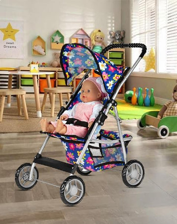 Baby Doll Stroller Gift for Kids, Toy Doll Stroller with Adjustable Canopy & Storage Basket Push Baby Stroller for Dolls Foldabl