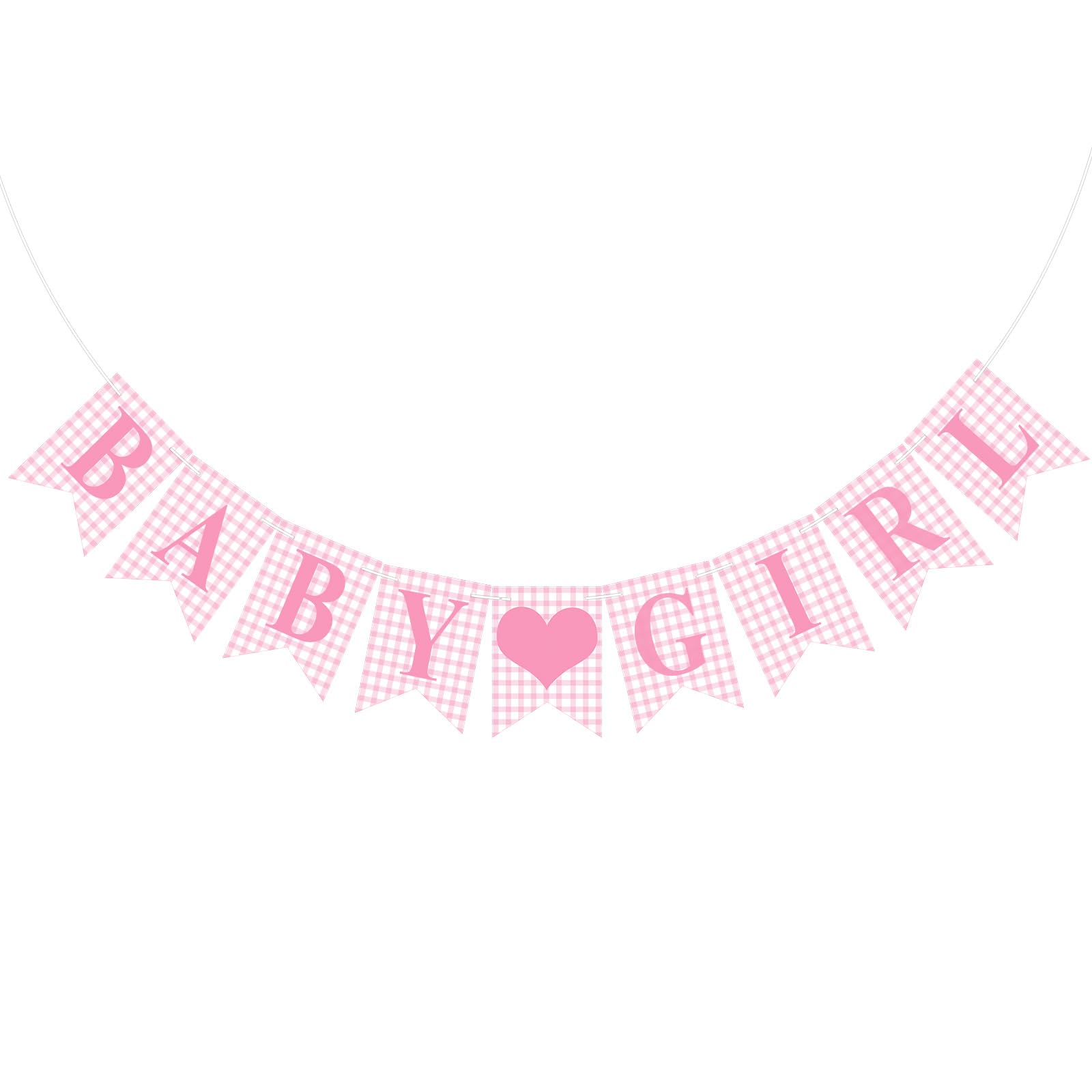 Hahafelt 1 Pcs Pink Gingham Baby Girl Banner for Baby Shower Party Decorations Pink Pre Strung Its a Girl Gender Reveal Paper B