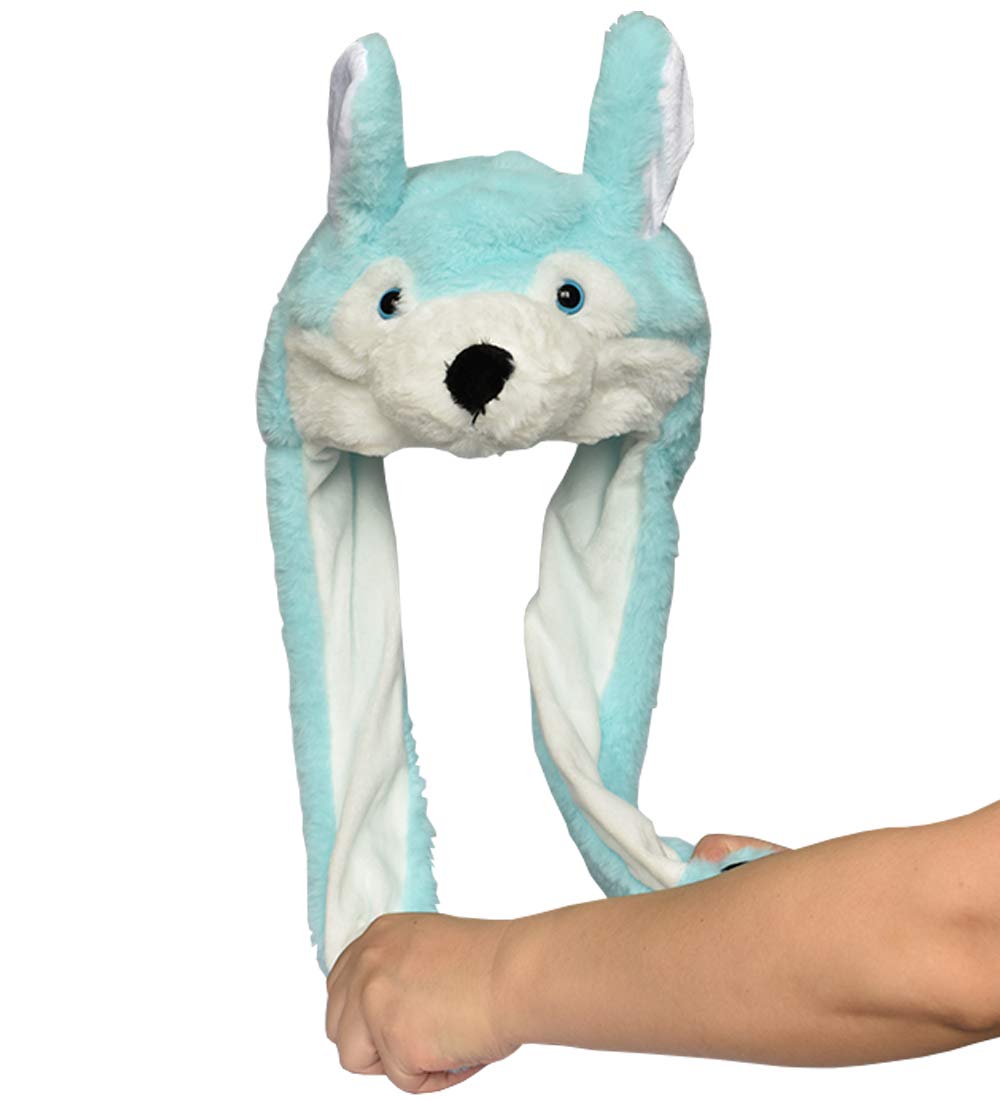 Joyhy Kids Adults Plush Hat Ear Moving Ear Flap Hat With Paw Blue Wolf