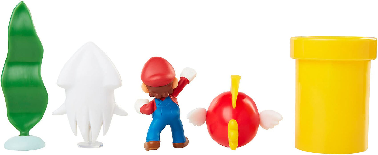 Nintendo Super Mario Underwater 2.5' Figure Diorama Play Set, Includes: Mario, Cheep-Cheep, Blooper, Mechanical Warp Pipe, Spinning Water Plant & Two Coins