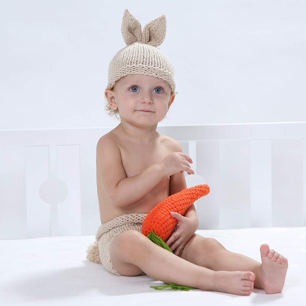 Obeeii Baby Bunny Outfit Easter Photography Prop Crochet Knit Hat Diaper Carrot Set For Boy Girl #Hat+Pant+Carrot 01 One Size