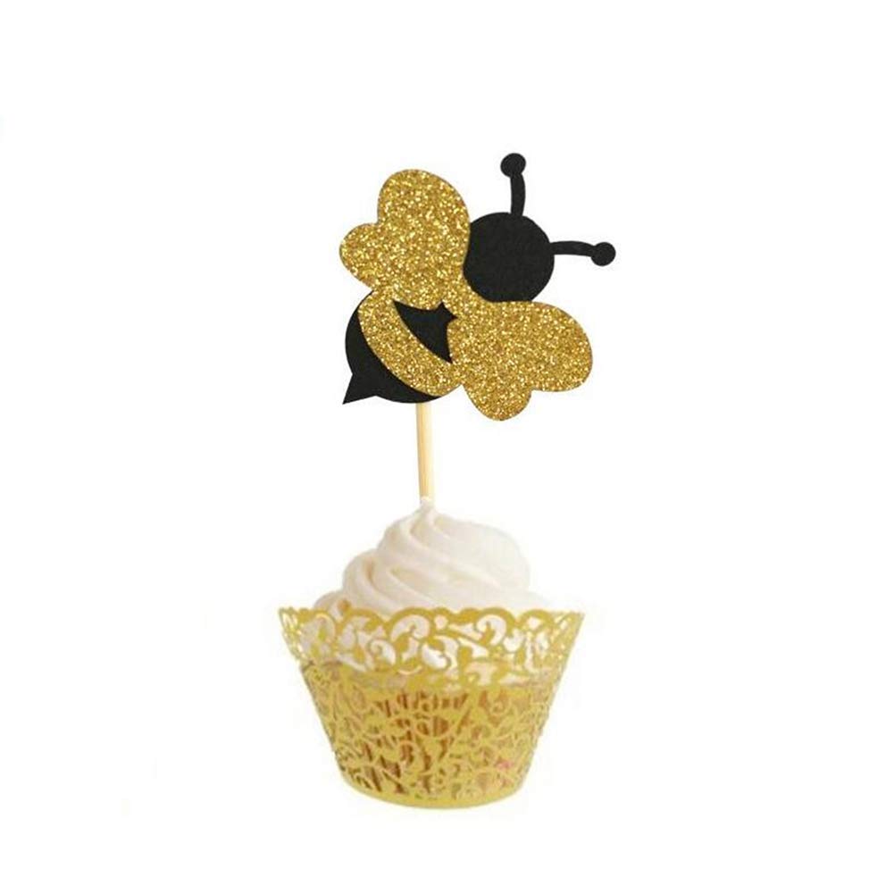 Festiko 10 Pieces Glitter Sticks Bumble Bee Cupcake Cake Toppers Decorations Birthday Party Supplies