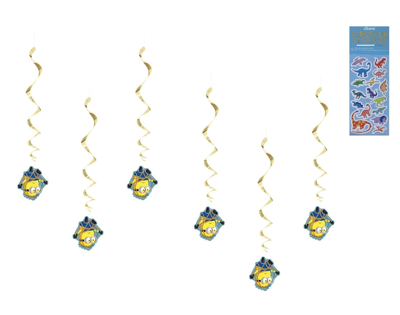 Unique Despicable Me Birthday Party Supplies Bundle Pack Includes 6 Hanging Swirls Decorations and 1 Dinosaur Sticker Sheet