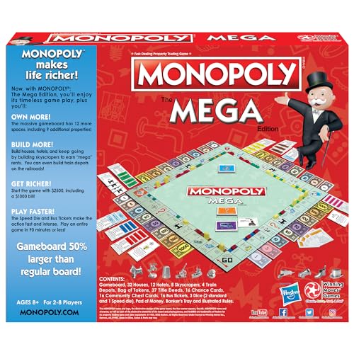 Hasbro Monopoly The Mega Edition - Fast-Paced Game for 2-8 Players, Ages 8+, Multicolor, Model 1104, Plastic Material