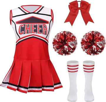 Lmyove Classic Red 5-Piece Cheerleading Set For Kids - Includes Top, Skirt, Pom Poms, Headband, And Socks,12-14Y