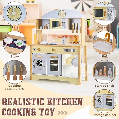 WoodenEdu Kitchen Playset for Kids Ages 3-8, Wooden Pretend Play Kitchen with Cooking Accessories, Dimensions: 38    H x 31    W