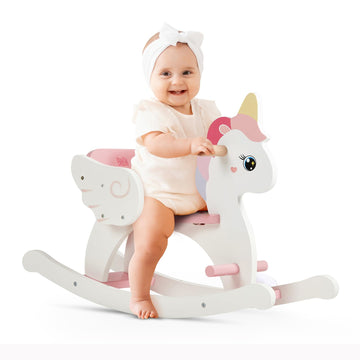 Funlio Unicorn Wooden Rocking Horse Ages 0.5-3, Cute Baby Rocking Horse With Safety Belt & Backrest, Easy To Assemble Toddler Ride On Toys, Cpc & Ce Certified - Pink