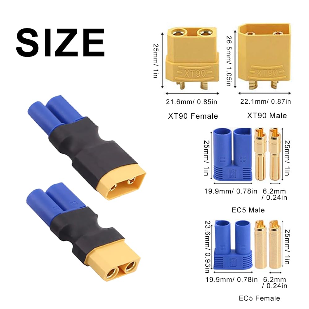 BABUVYA EC5 to XT90 Adapter,XT90 to EC5 Connector Without Wires RC LiPo Battery Connectors (EC5 to XT90 Male & Female Adapter)