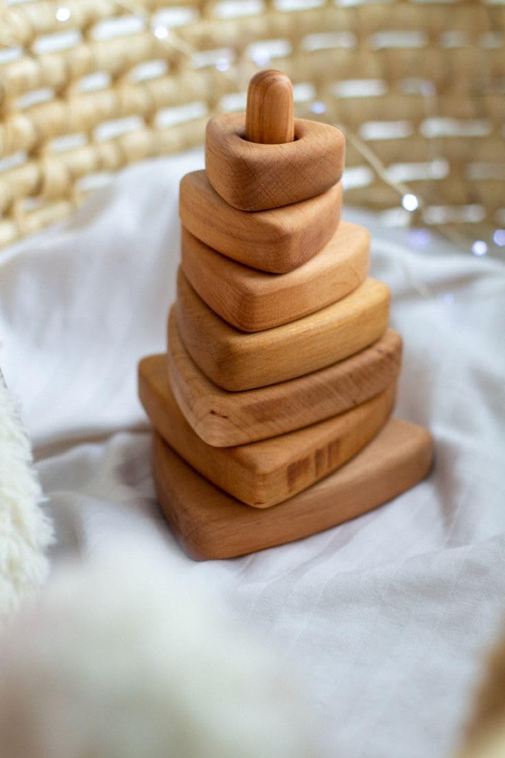 Xsource Wooden Stacking Toy For Toddlers Montessori Educational Pyramid Toy For Babies Natural Wood Stacker Blocks (Triangle Sha