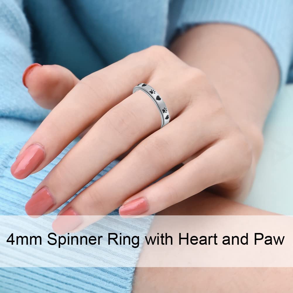 Amorartsky Spinner Ring For Anxiety Relief Fidget:Puppy Pet Lovers Paw Print Ring Anxiety Ring For Women,Titanium Stainless Steel Spinner Ring,Love Dog Cat Claw Ring Pet Loving Friend Families Gifts