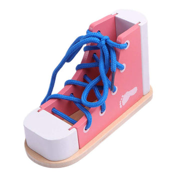 Nuobesty Learn To Tie Shoes Wooden Lacing Shoe Toy Shoelaces Tying Toy Teaching Kit For Kids, Pink