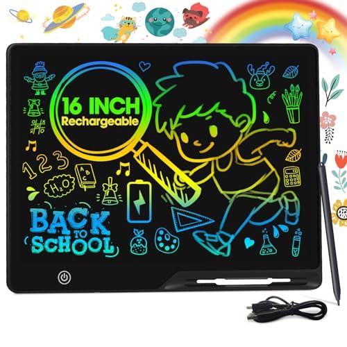 POPERFUN 16 Inch LCD Writing Tablet for Kids, Rechargeable Erasable Doodle Board Colorful Toddler Drawing Pad, Preschool Learnin