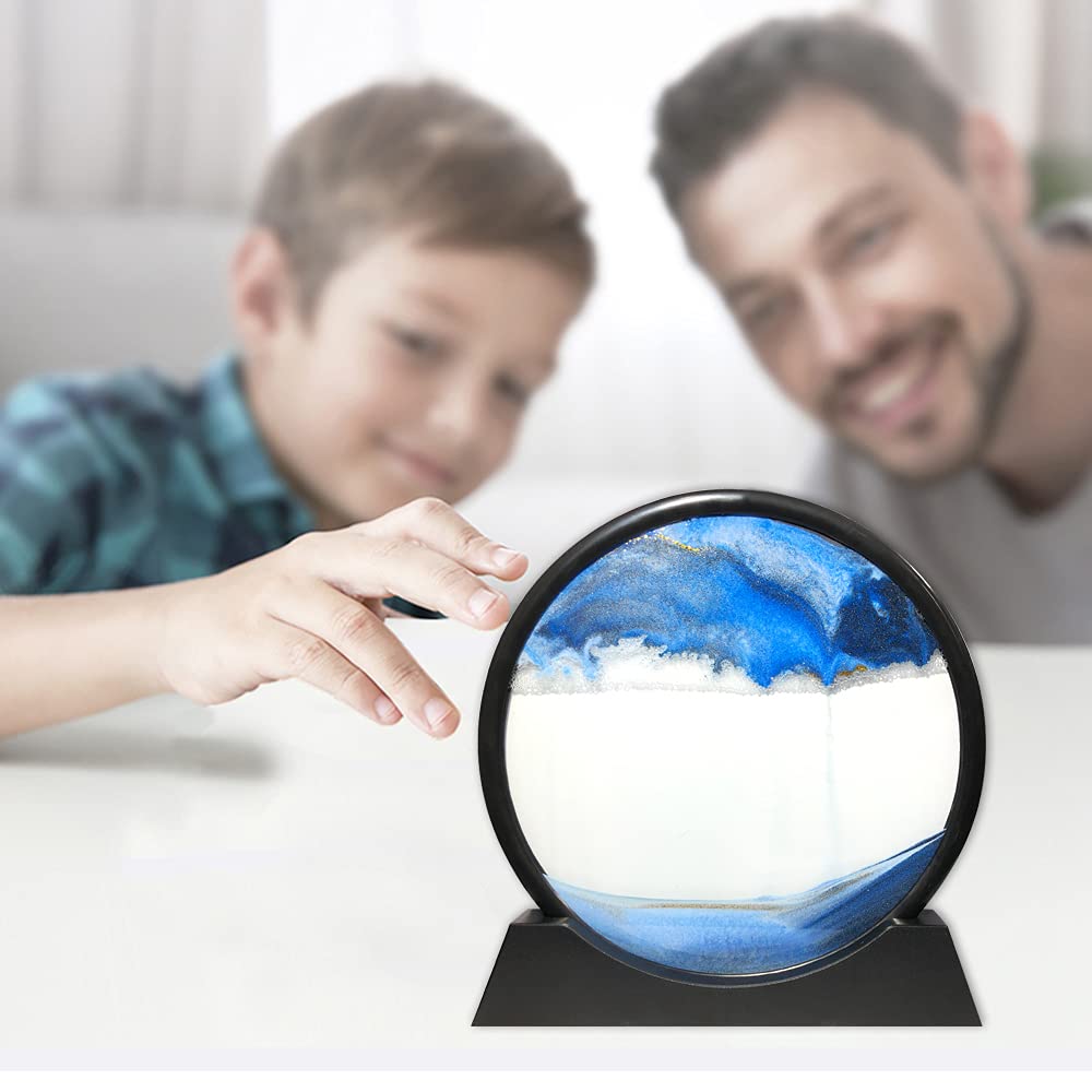 Muyan Moving Sand Art Picture Sandscapes in Motion Round Glass 3D Deep Sea Sand Art for mature-themed Kid Large Desktop Art Toys (Blue  12 Inch)