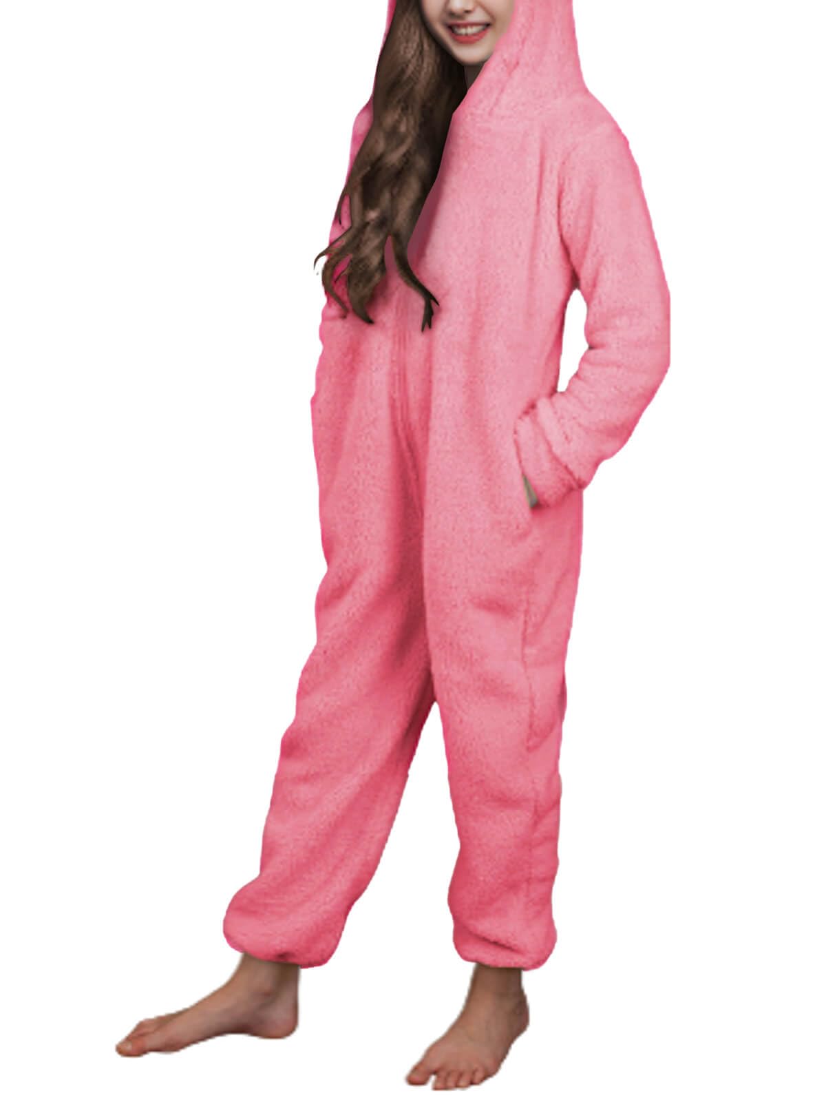 Batermoon Girls Fleece Zip Up Jumpsuits Kids Hooded Rompers Costume Winter Clothes 5-14 Years Pink