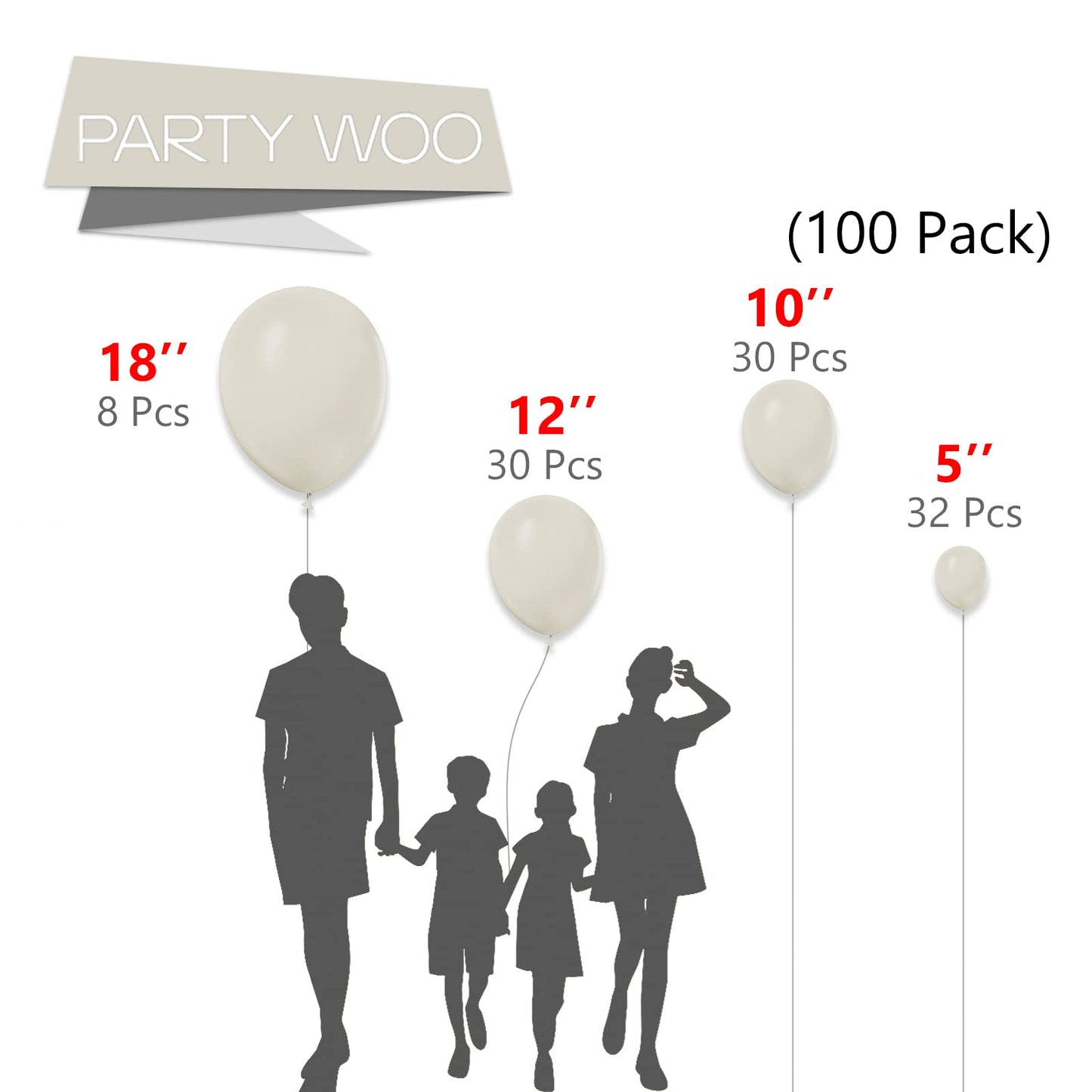 Partywoo White Sand Balloons, 100 Pcs Boho White Balloons Different Sizes Pack Of 18 Inch 12 Inch 10 Inch 5 Inch Sand White Balloons For Balloon Garland Balloon Arch As Party Decorations, White-F12
