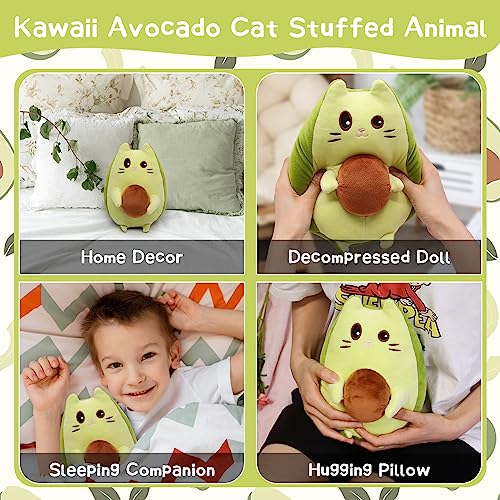 Leokawin Cat Stuffed Animal Avocado Pillow - Cute Kawaii Green Plush Toy Doll - Soft Gifts For Kids Boys And Girls