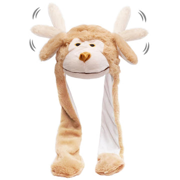 Ear Moving Jumping Hats Animal Plush Earflaps Movable dancing Ear Hat Cap for Halloween Easter Christmas Novelty Party(Monkey)