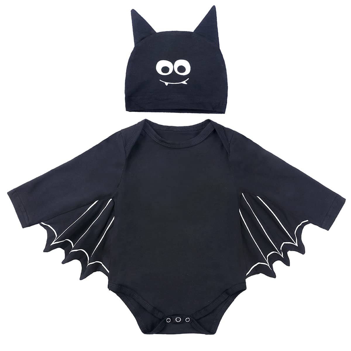 Agqt Baby Girls Black Bat Costume Cloak Romper Hat Halloween Costumes Long Sleeve 2Pcs Romper Black Eye Size 18-24 Months(100)