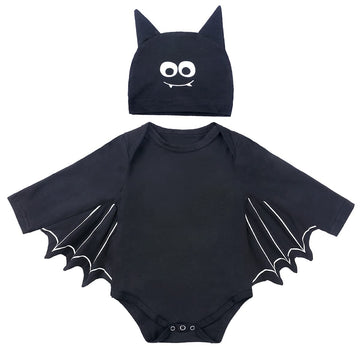 Agqt Baby Girls Black Bat Costume Cloak Romper Hat Halloween Costumes Long Sleeve 2Pcs Romper Black Eye Size 18-24 Months(100)