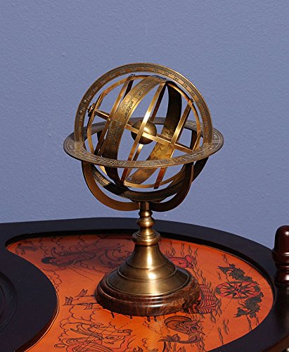 Old Modern Handicrafts Armillary Sphere On Wood Base - Handcrafted Brass, Antique Finish, Perfect For Nautical Collections And Astronomy Enthusiasts - 7.0L X 7.0W X 11.5H Inches